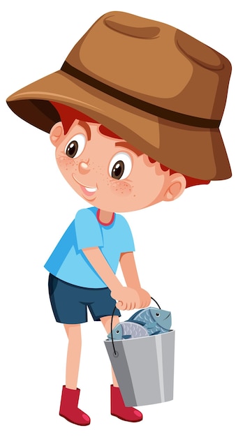 Vector a boy holding bucket with fish on white background