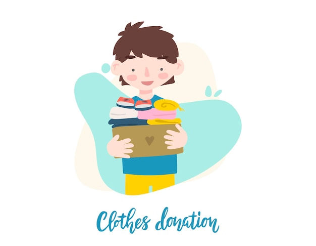 Vector boy holding cardboard box with clothing for donation or recycling.