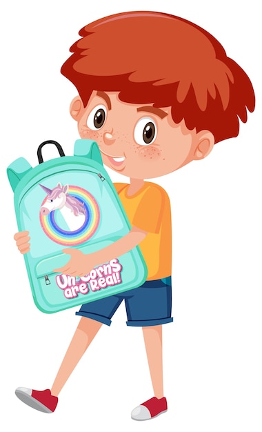 Boy holding cute backpack cartoon character