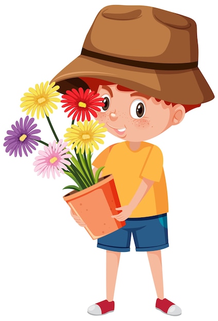 Boy holding flower in pot cartoon character isolated on white background