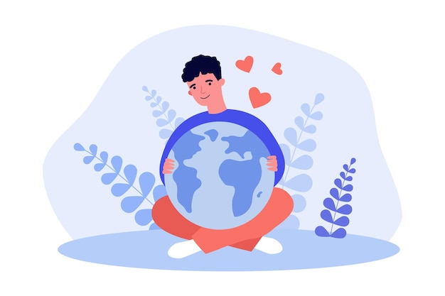 愛をこめて地球を手に持つ少年。ハートフラットベクトルイラストで惑星を抱き締める男性の子供。国際アースデイ、バナー、ウェブサイトのデザインまたはランディングウェブページの責任の概念