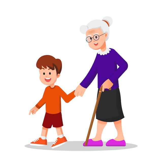 boy holding his grandmothers hand while walking