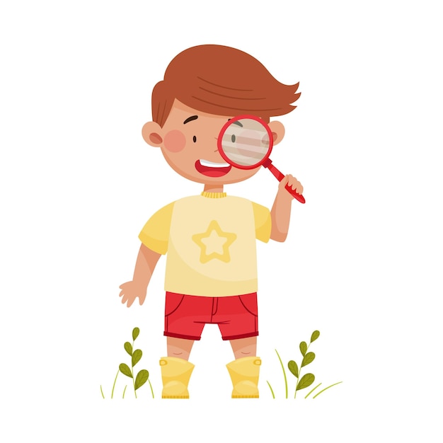 Vector boy holding magnifying glass exploring environment vector illustration