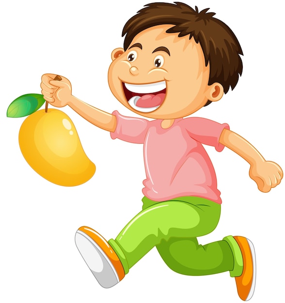 A boy holding mango fruit cartoon character isolated on white background