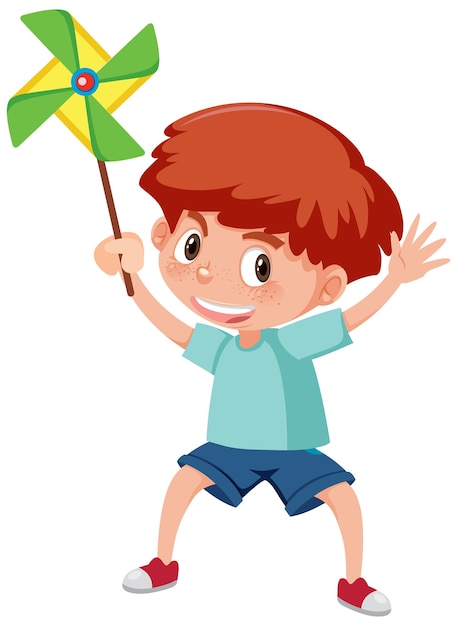 A boy holding paper pinwheel in cartoon style