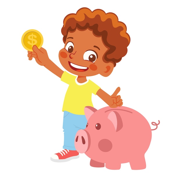 Vector boy holding piggy bank and money