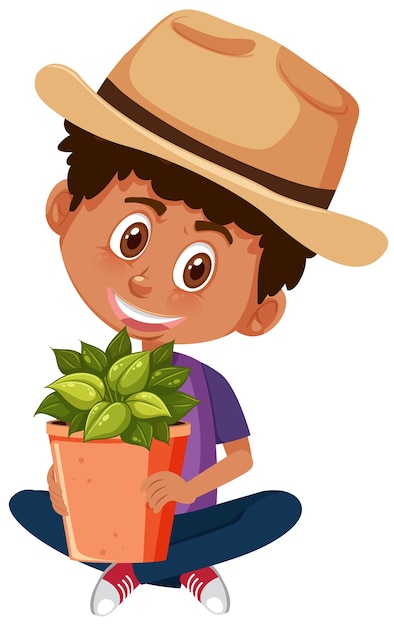 Мальчик держит растение в горшке мультипликационный персонаж, изолированные на белом фоне