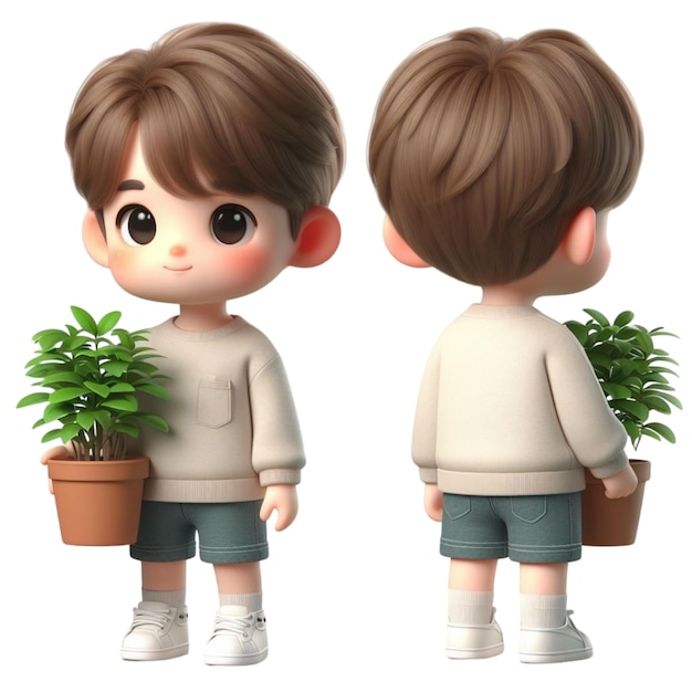 Мальчик с растением в горшке мультфильм Дня Земли 3D render иллюстрация