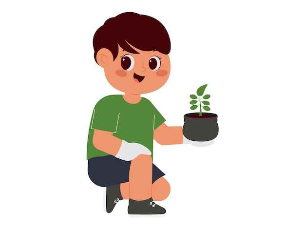 Vector a boy holding a potted plant illustration