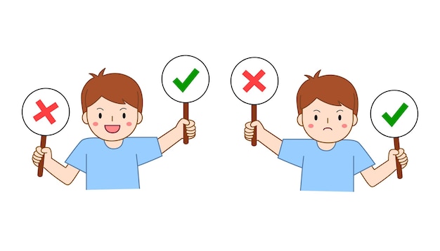 boy holding right or wrong sign true or false concept illustration