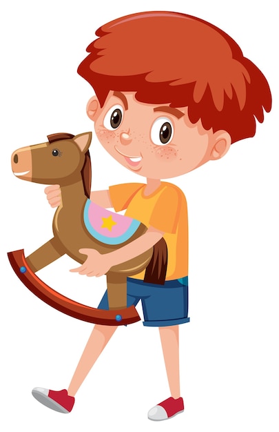 Мальчик держит лошадку-качалку мультипликационный персонаж