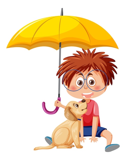 A boy holding umbrella and a dog