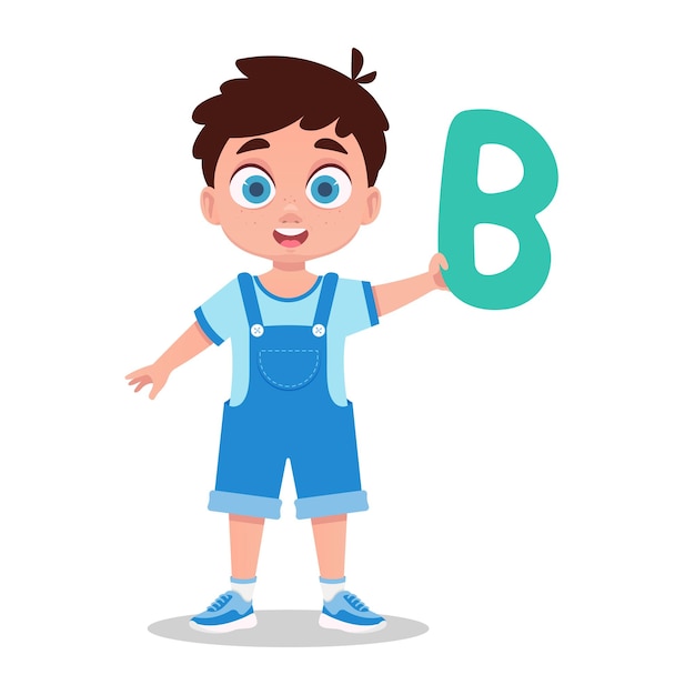 Vector the boy holds the letter b in his hand