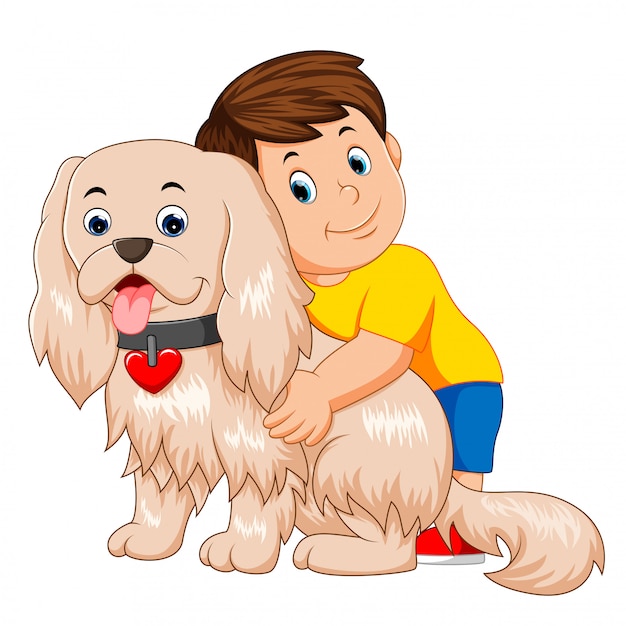 Vector boy hugging a funny dog