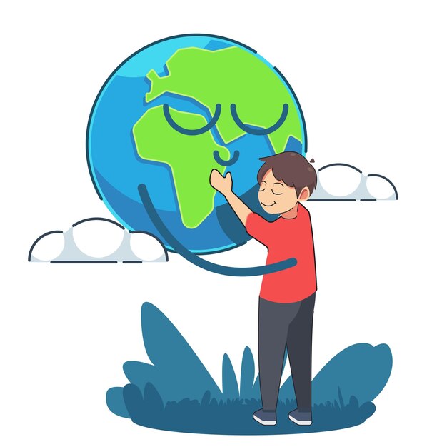 A boy hugging a globe with the words save the planet.