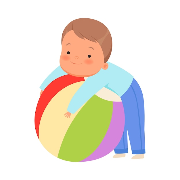 Vector boy hugs a huge ball vector illustration on a white background