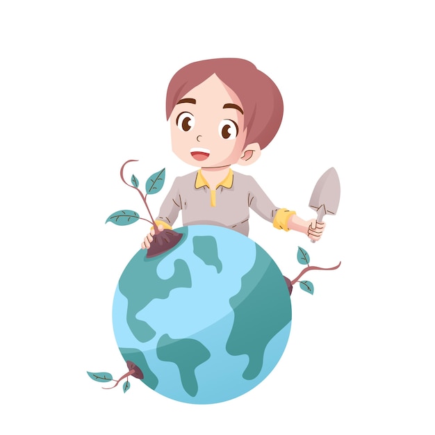 一個男孩在地球上種樹的插圖