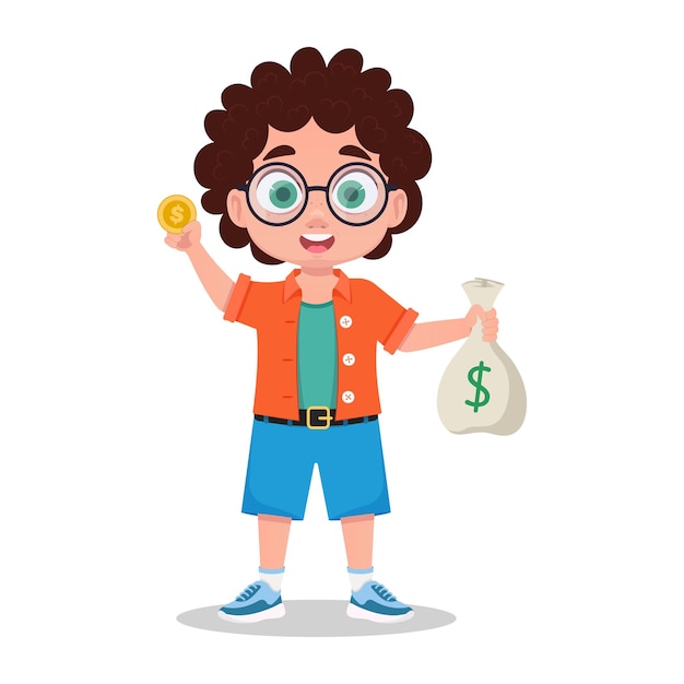 Boy investor with a coin in his hand and a bag of money