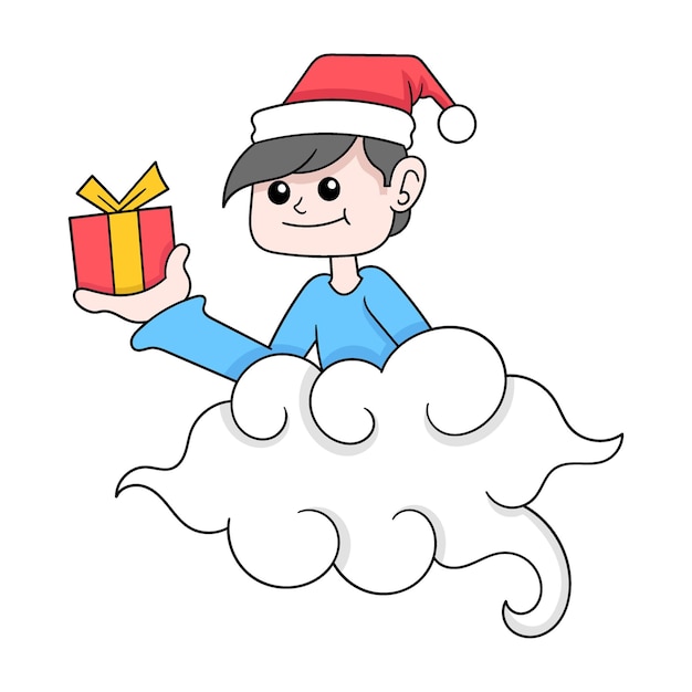 Boy is celebrating christmas with a gift box doodle icon image kawaii