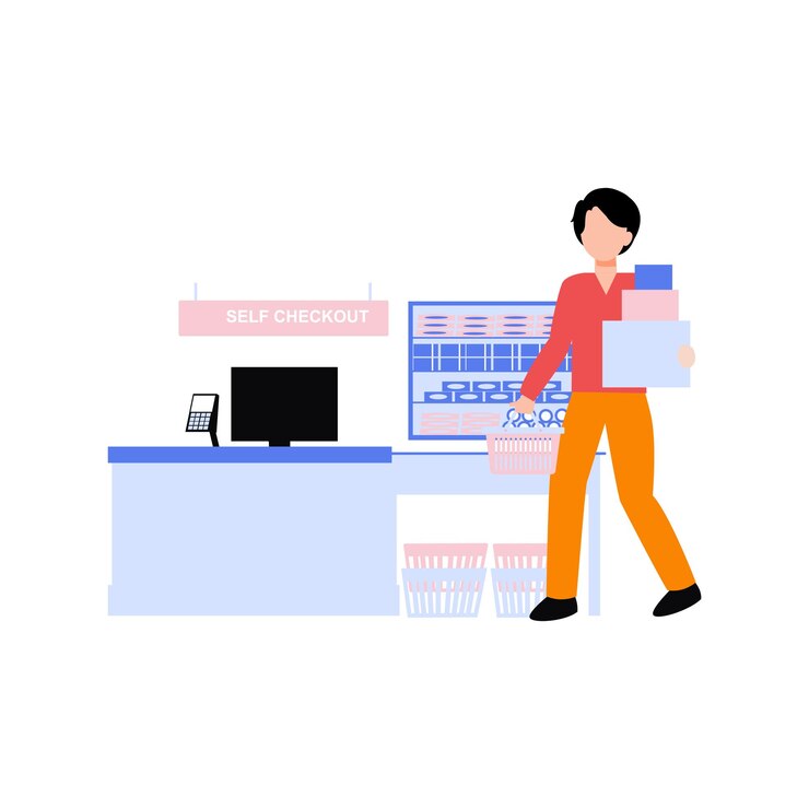 Vector 소년은 슈퍼마켓에서 혼자 체크아웃하고 있습니다.