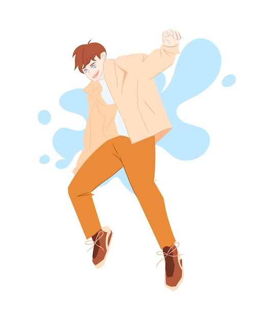 Il ragazzo balla sulla pista da ballo e si erge su una gamba sola il ragazzo è elegantemente vestito con pantaloni arancioni scarpe da ginnastica una camicia beige vector illustratoin in stile piatto su sfondo bianco