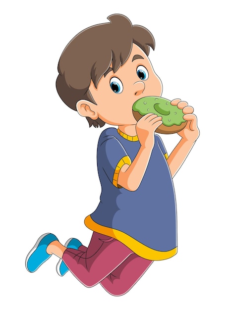 イラストのジャンプしながらドーナツを食べている少年