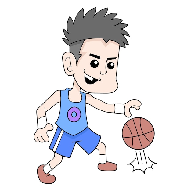 Boy is exercising dribbling basketball doodle icon image kawaii