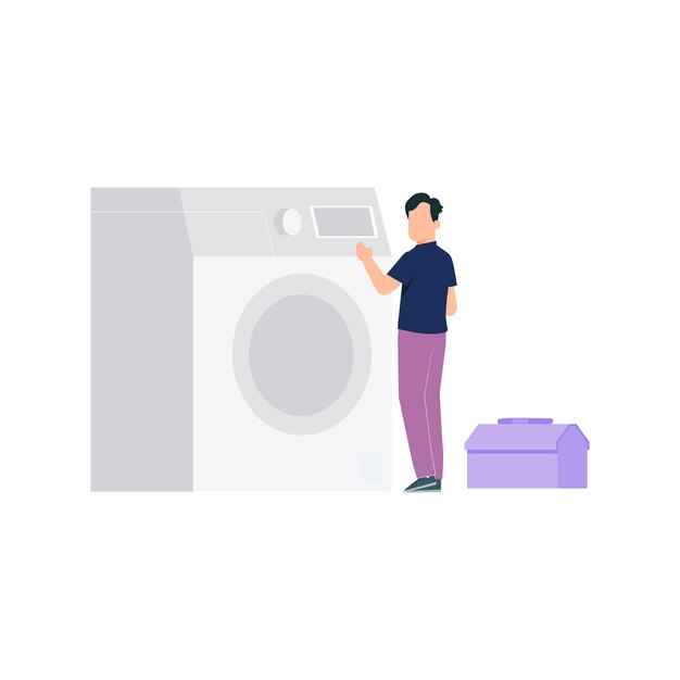 少年は洗濯機を修理している