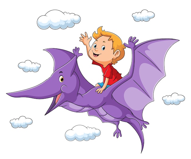 The boy is flying with the dinosaur pteradonon of illustration