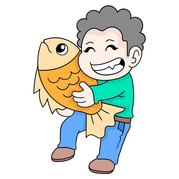 Boy is happy to get a big fish from fishing, vector illustration art. doodle icon image kawaii.
