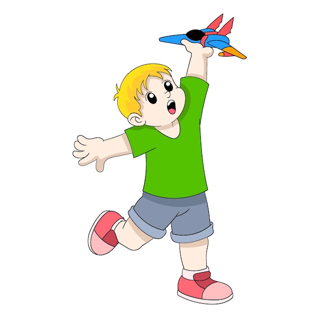 Boy is happy playing plane to reach the dream of a pilot