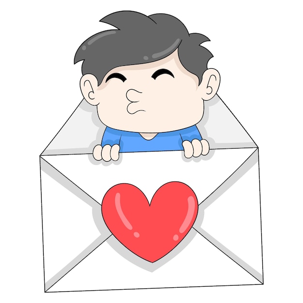 Мальчик прячется в валентинке любовный конверт каракули значок изображения каваи