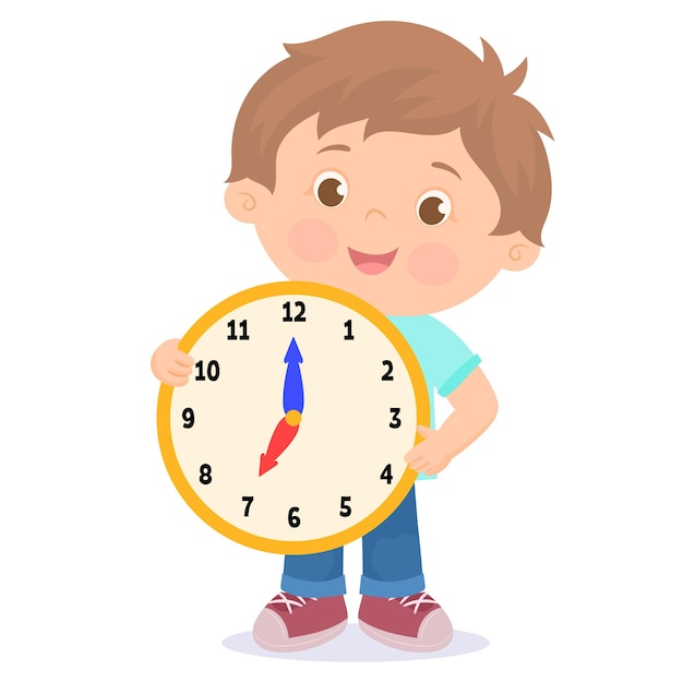 Мальчик держит большие часы, показывающие семь утра