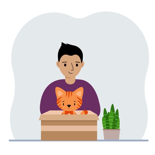 Vector a boy is holding a cardboard box with a beautiful ginger cat the concept of rescue help and care for pets