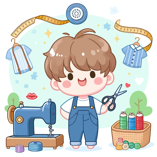 Vector a boy is holding a sewing machine and a sewing machine is shown with a pair of scissors