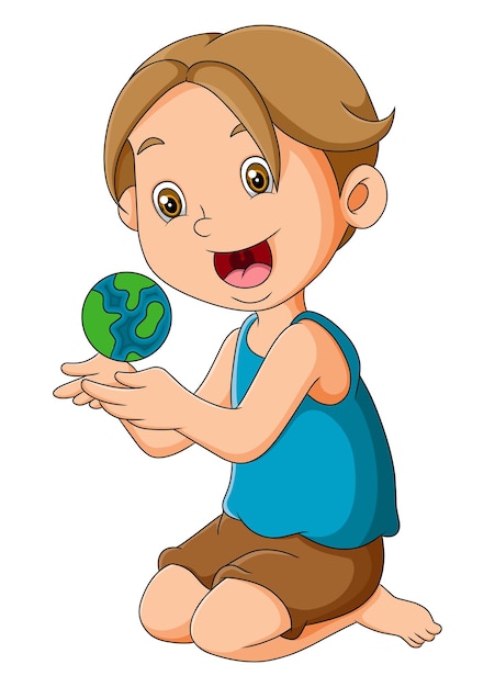 The boy is holding a small earth on his hand while sitting