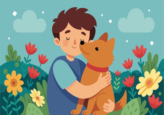 Vector a boy is hugging a dog in a field of flowers