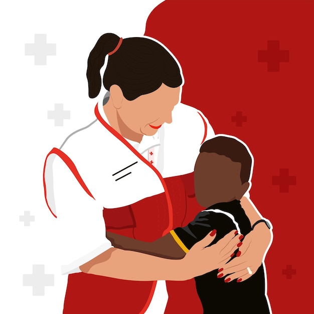 Vector a boy is hugging a lady doctor happy red cross day