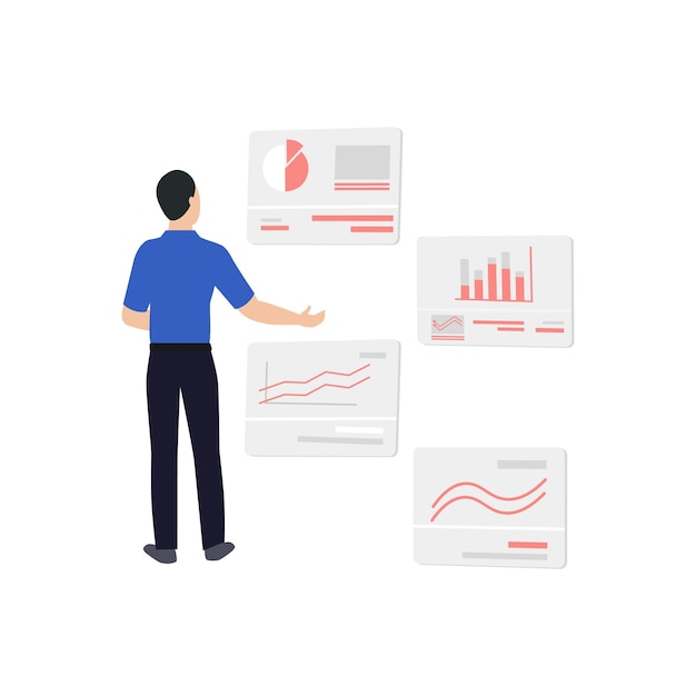 Vector the boy is looking at the chart graph