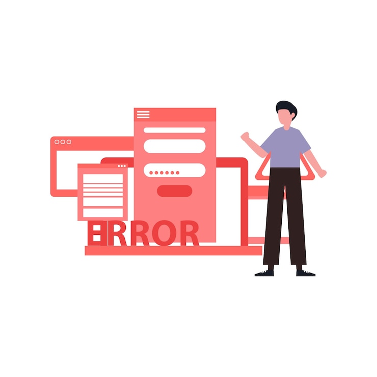 Vector the boy is looking at the error in the laptop