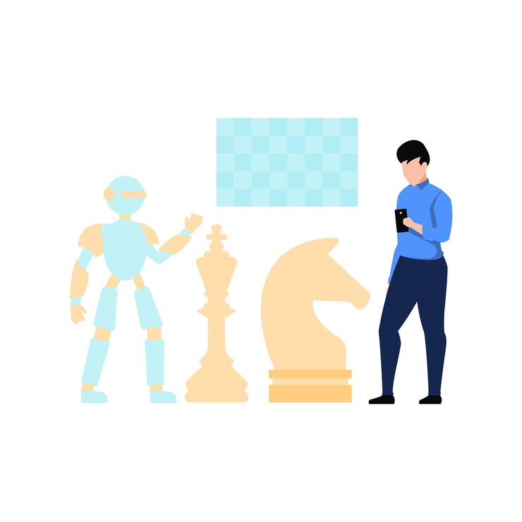 Vector a boy is playing chess with a robot