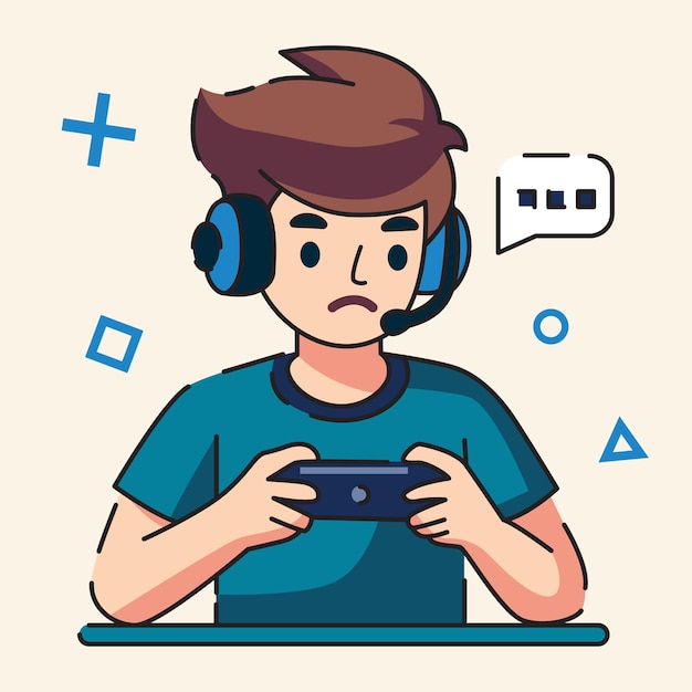 Vector boy is playing mobile game and wearing headset flat design vector illustration