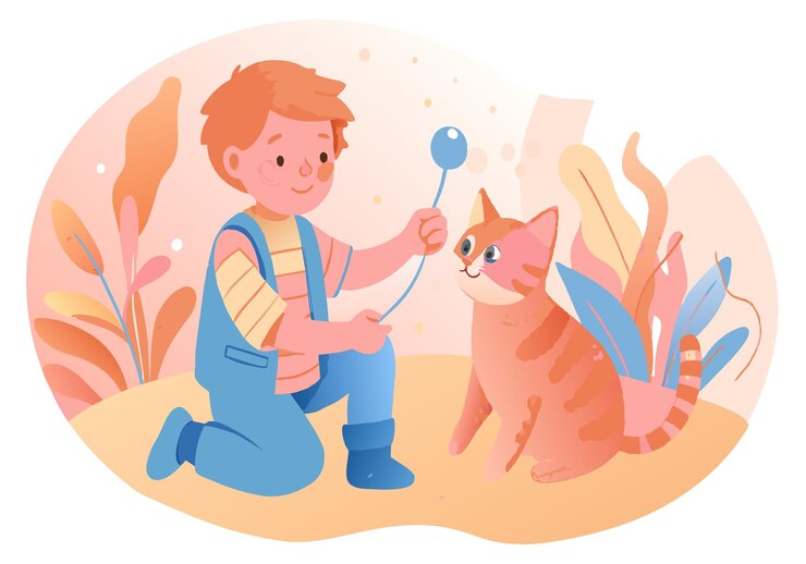 Vector a boy is playing with a cat
