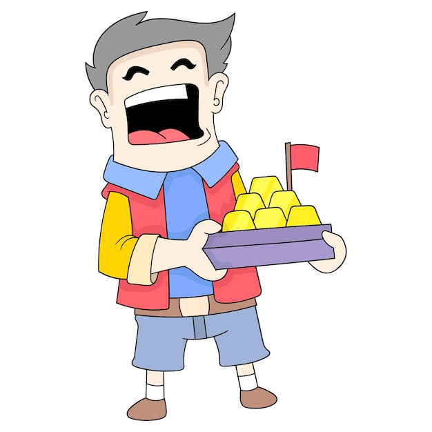 Boy is promoting the purchase of carrying gold bullion, vector illustration art. doodle icon image kawaii.