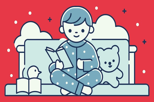 Vector a boy is reading a book while sitting on a couch with a teddy bear