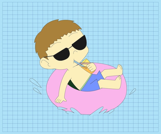 Vector a boy is relaxing on an inflatable float above the swimming pool happy children's day