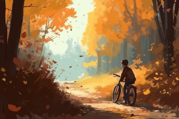 少年は森の森の小道に乗って漫画のオレンジ色の少年に乗っています。ベクトル図