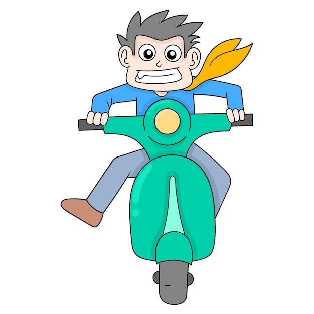 Boy is riding a motorbike fast doodle icon image kawaii