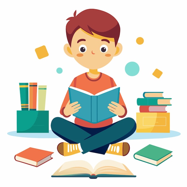 a boy is sitting on the floor with books and a book titled quot a boy quot