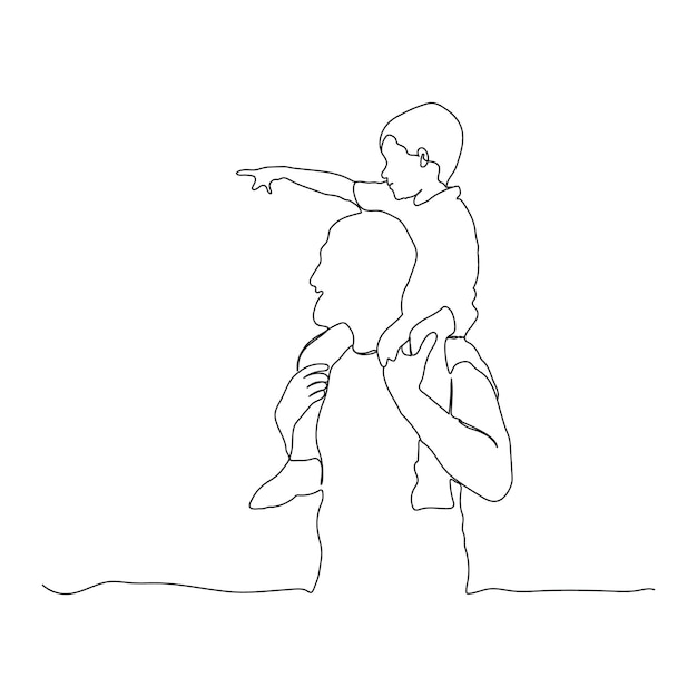 Boy is sitting on his father's shoulder continuous line drawing fatherhood concept line art